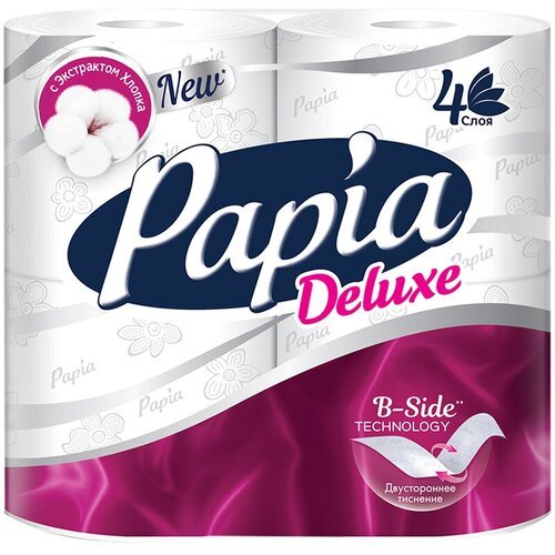 Бумага туалетная Papia 'Deluxe', 4-слойная, 4шт, тиснение, белая