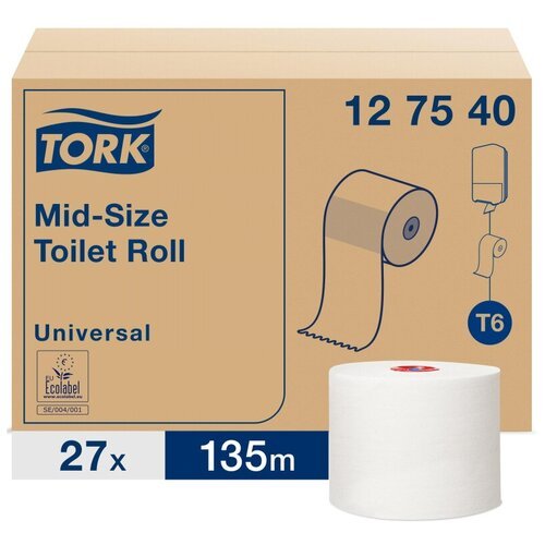 Бумага туалетная д/дисп Tork Mid-size Т6 Universal 1сл бел135м 27рул 127540