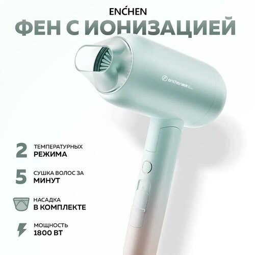 Фен для волос профессиональный со складной ручкой Enchen Air 2 Plus, Дорожный фен с насадкой для сушки и укладки волос, с ионизацией, голубой