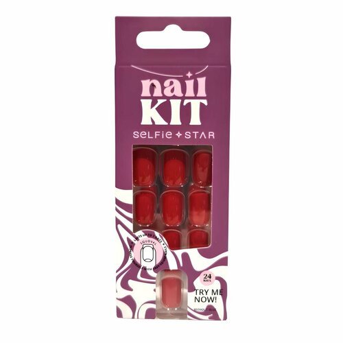 Набор накладных ногтей без клея Классический красный, короткая длина Selfie Star Nails kit without glue Real Red, short length SSNK4360, 24 шт