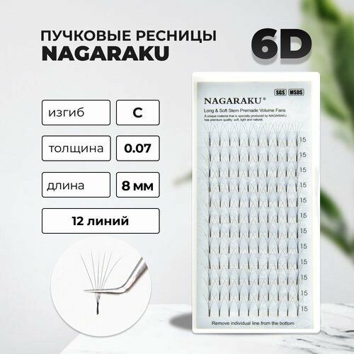 Ресницы Пучковые Nagaraku (Нагараку) 6D C 0.07 8мм (12 линий)